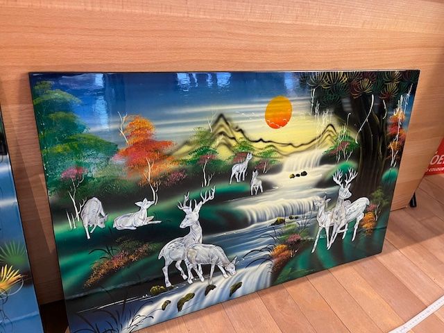 Gemälde: Schönes Perlmuttbild, Landschaft mit Rehen, Asien – Gebraucht aus Winterthur von projectcleanup