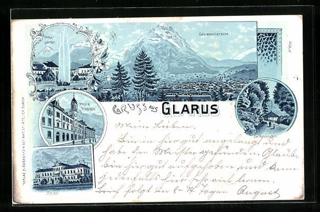 Cartes postales: Litho Glarus, Gesamtansicht, Volksgarten – D'occasion à Berlin par bartko-reher