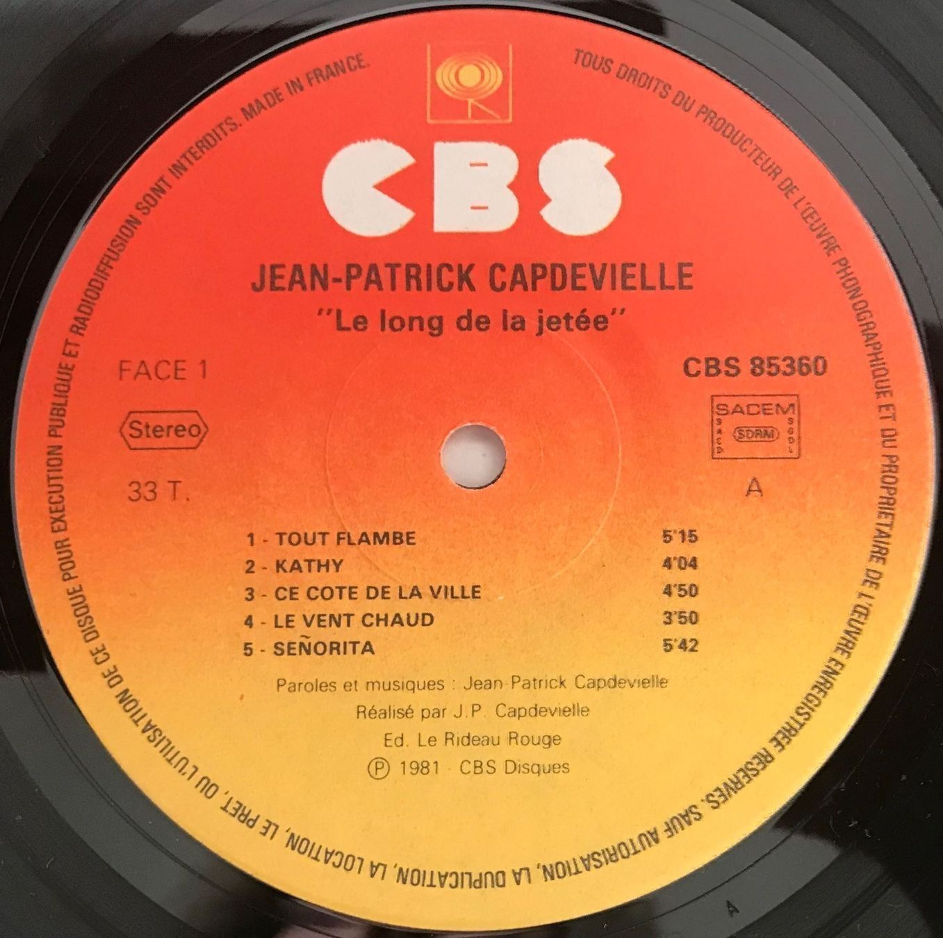 Schallplatten: JEAN-PATRICK CAPDEVIELLE - LE LONG DE LA JETEE - 33 Tours – Gebraucht aus Bussigny von vinyl-pas-cher 1