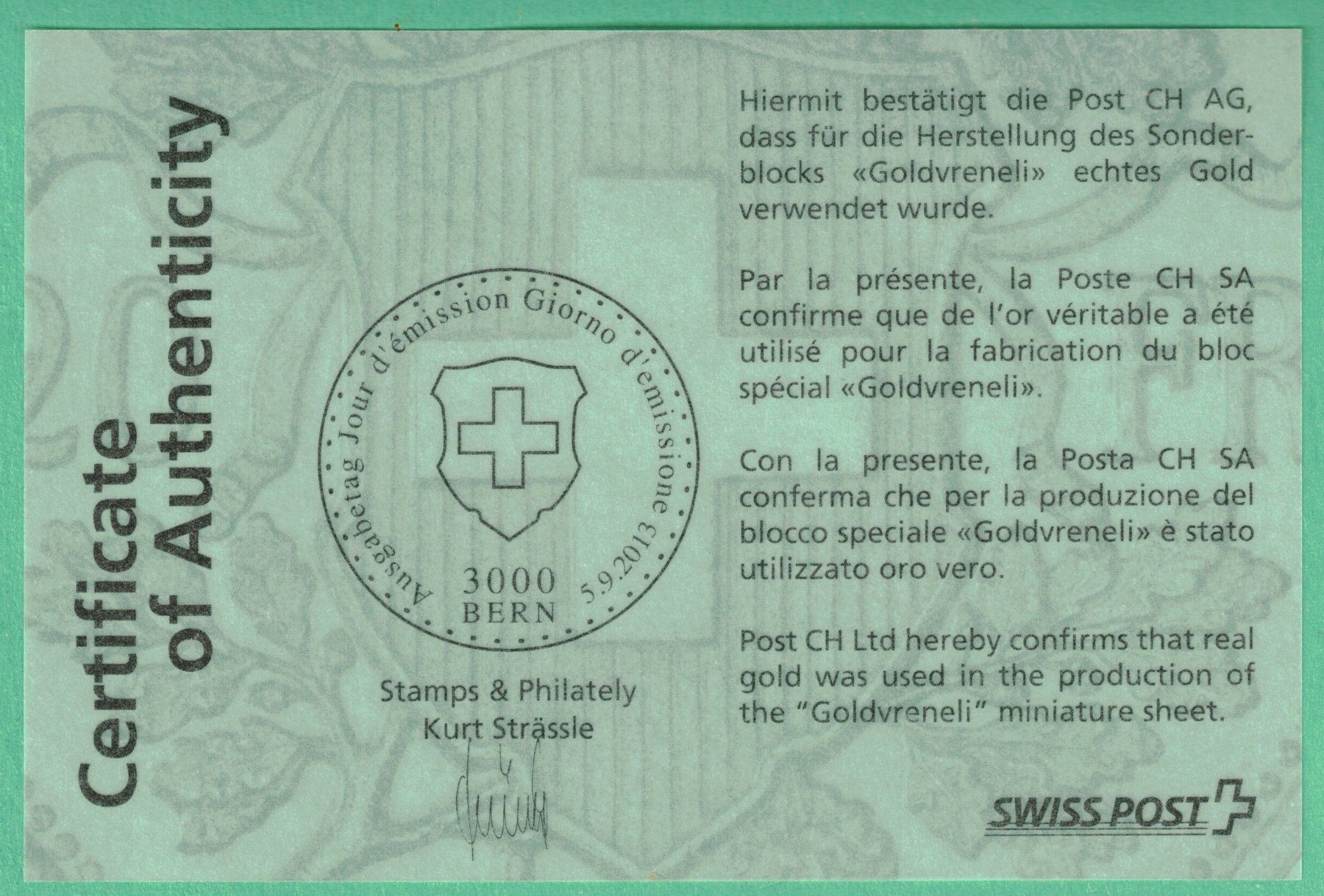 Tutti i francobolli: 2013 Sonderblock Goldvreneli     Dankeskarte – Nuovo (secondo la descrizione) da Mellingen venduto da Ginger 2
