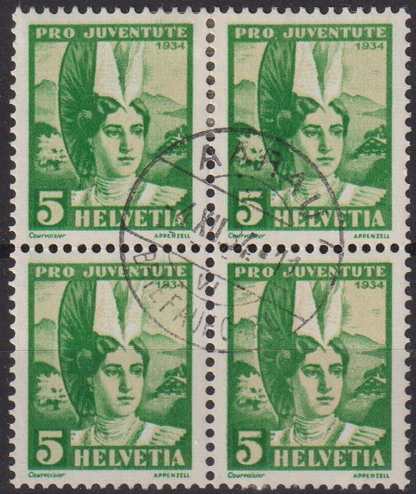 Alle Briefmarken: J 65, Viererblock gestempelt Aarau – Gebraucht aus Basel von Bingis
