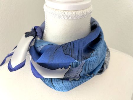 New 53cm 100% Silk Scarf, Floral Blue White Silk Scarf