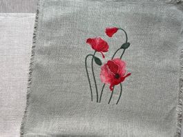 Leinen, Kissenbezug, Mohnblumen-Stickerei, Grün, 40x40
