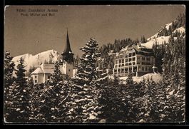 AK Arosa, Hôtel Excelsior und Kirche, Bes. Müller und Boll