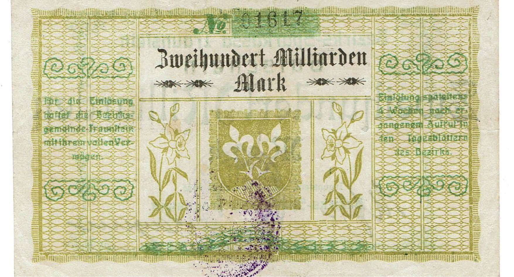 Banconote: Traunstein 200 Mrd.Mark+Stempel 1923 SS++-VZ – Usato da Steffisburg venduto da ber_8htf 1