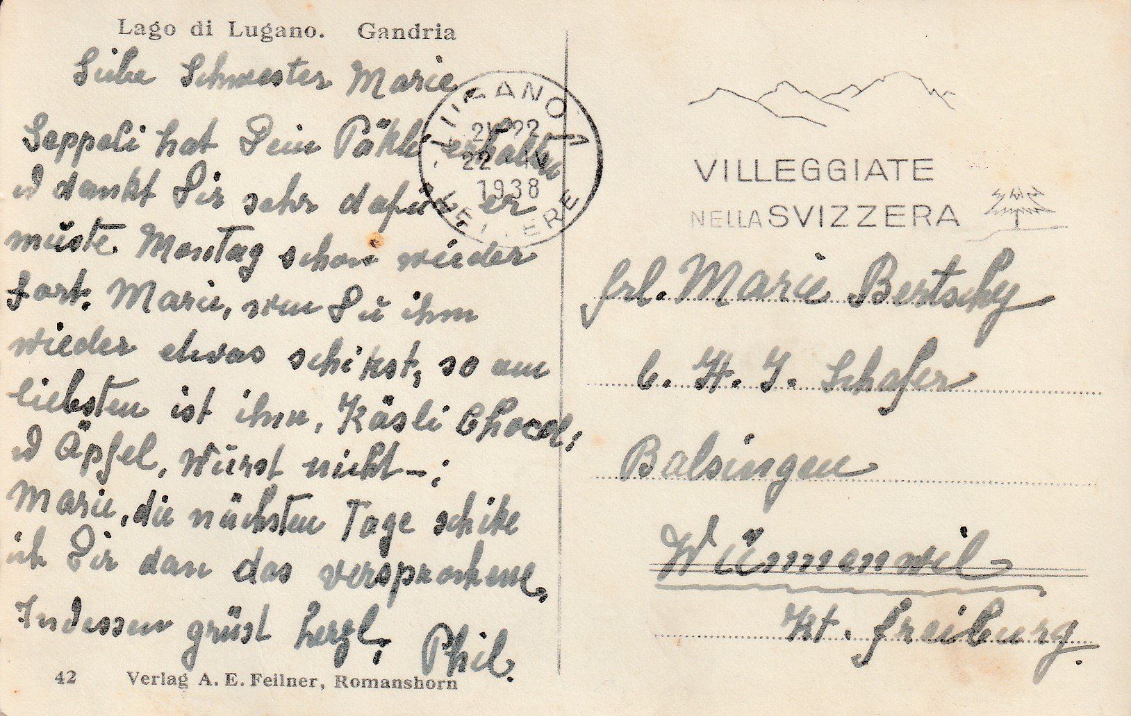 Cartoline postali: AK Gandria gel. 22.4.1938 – Usato da Fribourg venduto da schnalla92 1