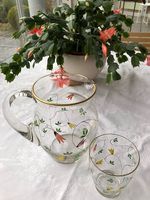 Antiker, handgefertigter, bemalter Glaskrug mit 6 Gläsern,