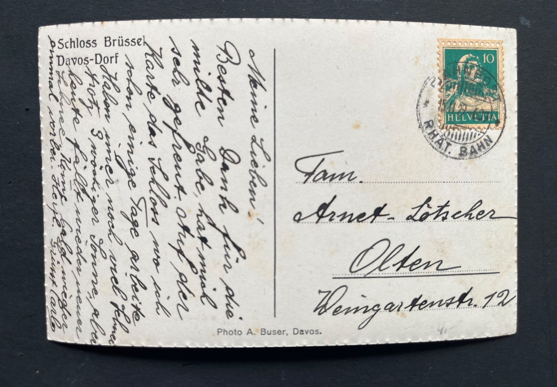 Cartoline postali: Schloss Brüssel/Davos Dorf/ Ph.A. Buser, Bahnpost Räth. Bahn – Usato da Ostermundigen venduto da DaxKarten-75 1