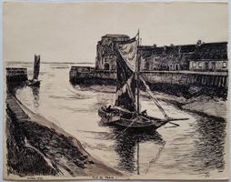 Jacques Jacobi: Hafen in VEERE NL, Tuschezeichnung 1944