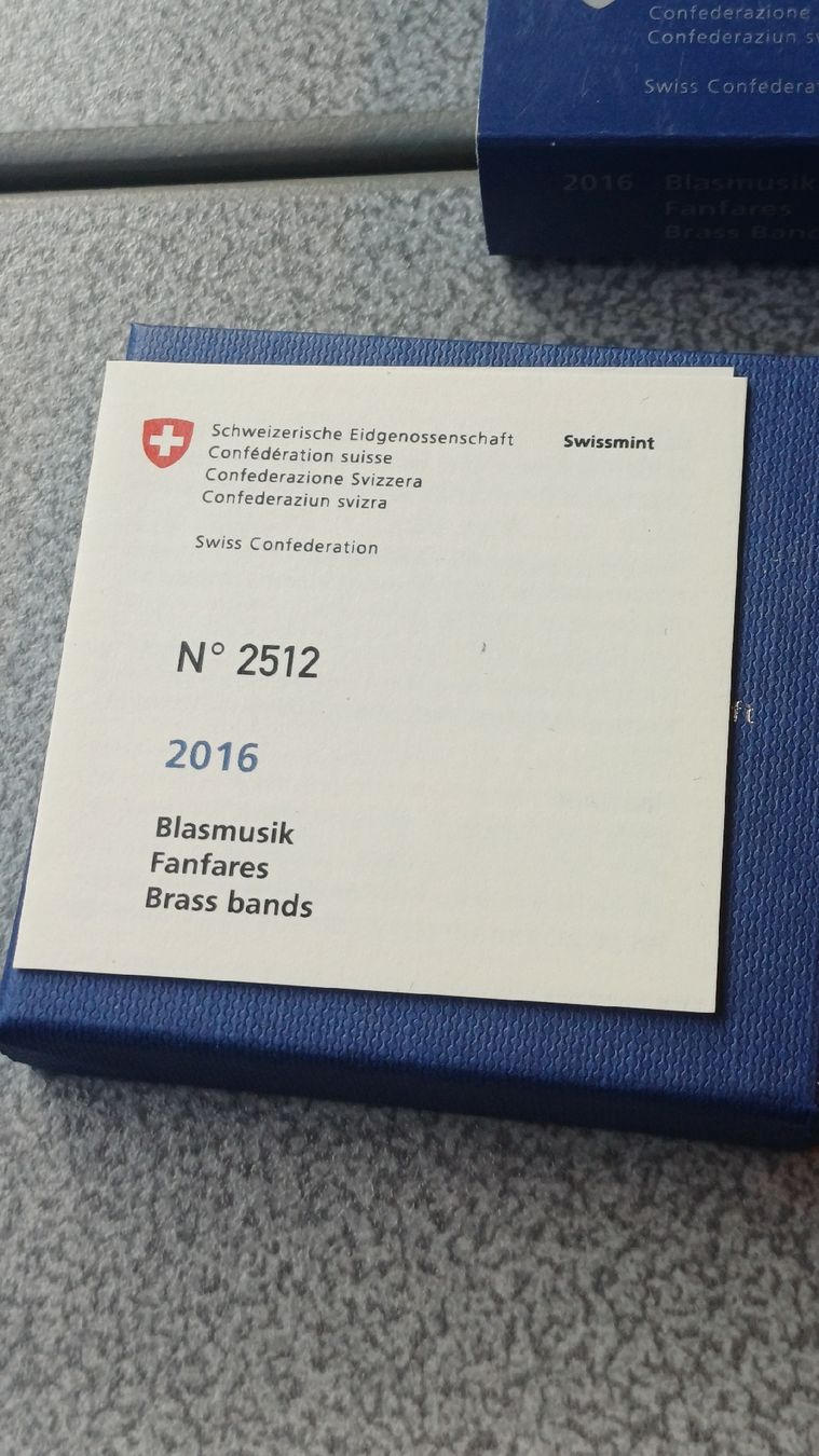 Tutti le monete: Blasmusik 20fr Silber Swissmint 2016 pp in org.Box – Usato da Bex venduto da renebaar 1