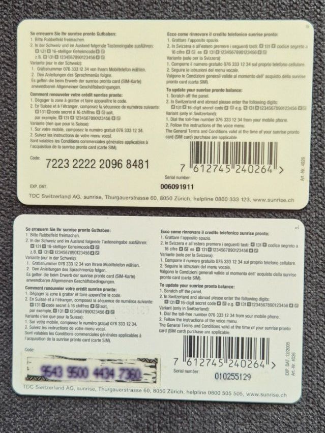 Sunrise Schede telefoniche: 2 gleiche Telefonkarten und doch anders!! – Usato da Horw venduto da mi.ba 1