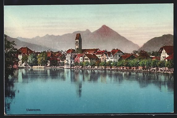 Cartoline postali: AK Unterseen, Uferpartie mit Bergen – Usato da Berlin venduto da bartko-reher