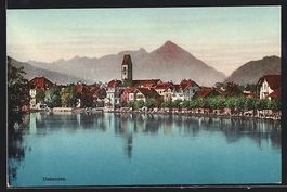 AK Unterseen, Uferpartie mit Bergen