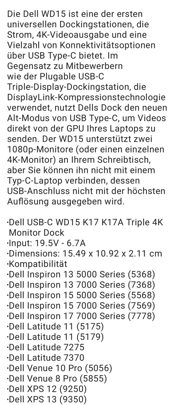 Dell Docking station: Dell WD15 Dockingstation inkl. Netzteil – Usato da Bönigen venduto da Def_Jam 3