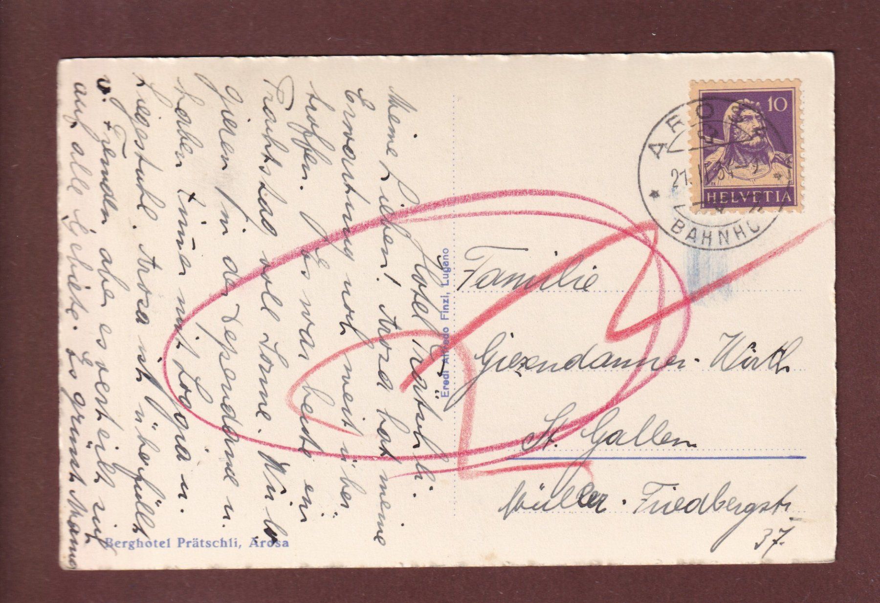 Cartoline postali: AROSA - Berghotel Prätschli - 1934 – Usato da Pully venduto da nicecards 1