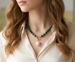 Genuine Malachite & Baroque Pearl Necklace - Gold Plated