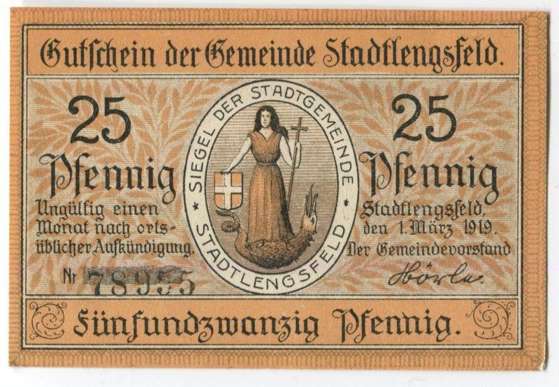 Banconote: Notgeld "25 Pfennig. Stadtlengsfeld 1919". – Usato da Basel venduto da Butsch5