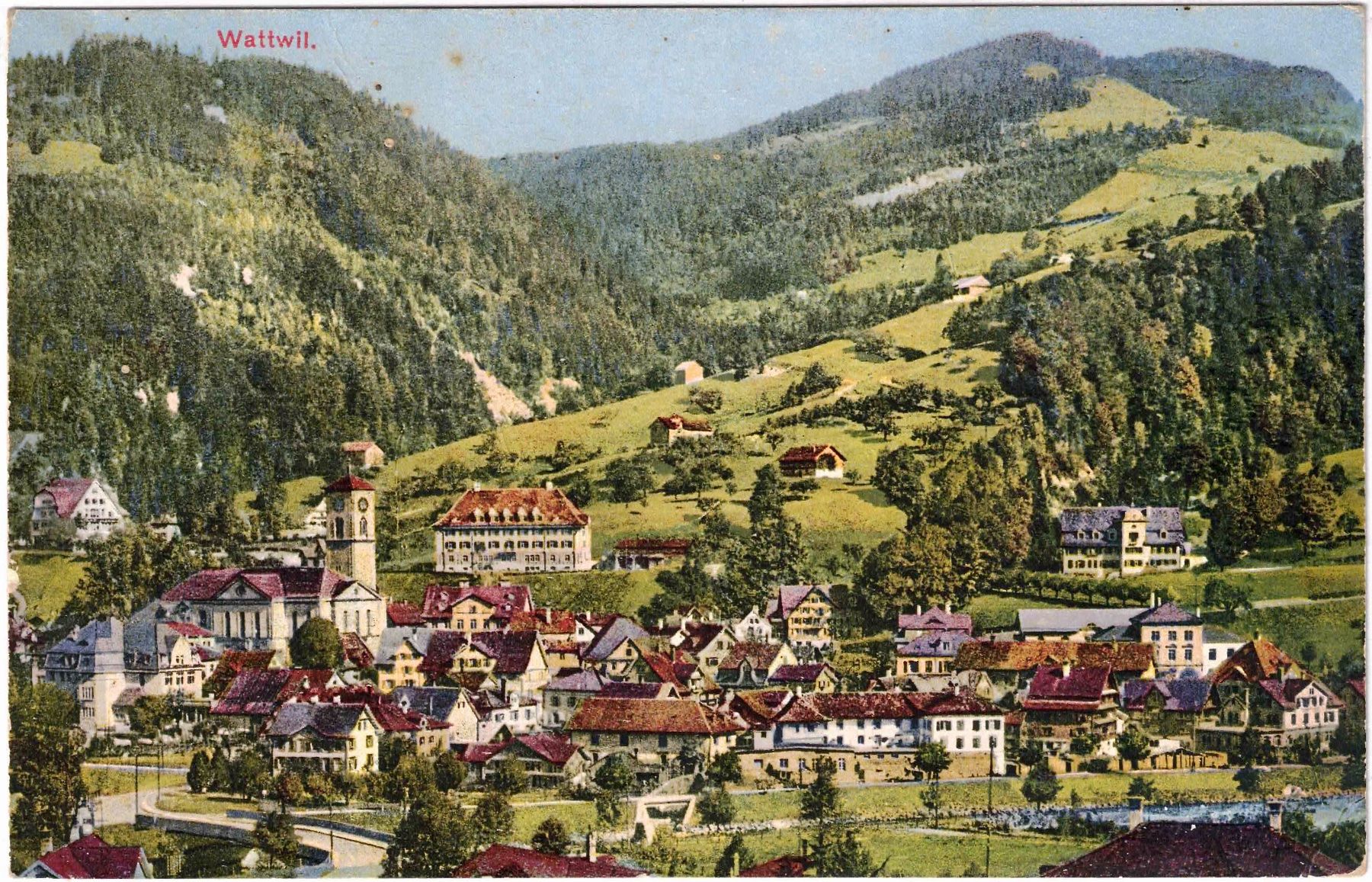 Cartoline postali: WATTWIL - Generalansicht ca. 1920 (SG) – Usato da Oberdorf BL venduto da Hopfehuepfer
