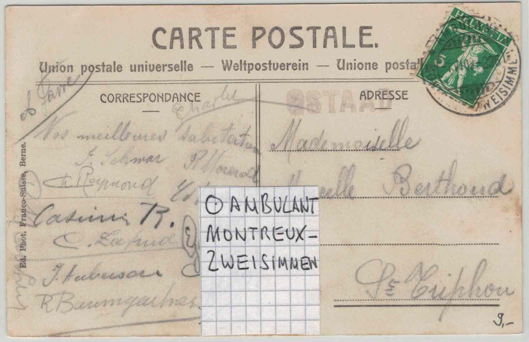 Cartoline postali: BE 346 SAANEN Kirche Bahn-o 1909 – Usato da Fribourg venduto da phi_vb2m 2