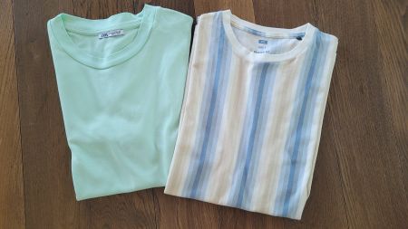 2 T-Shirt in Beige/Blau bzw. Mint Gr. L und M von WE/ZARA