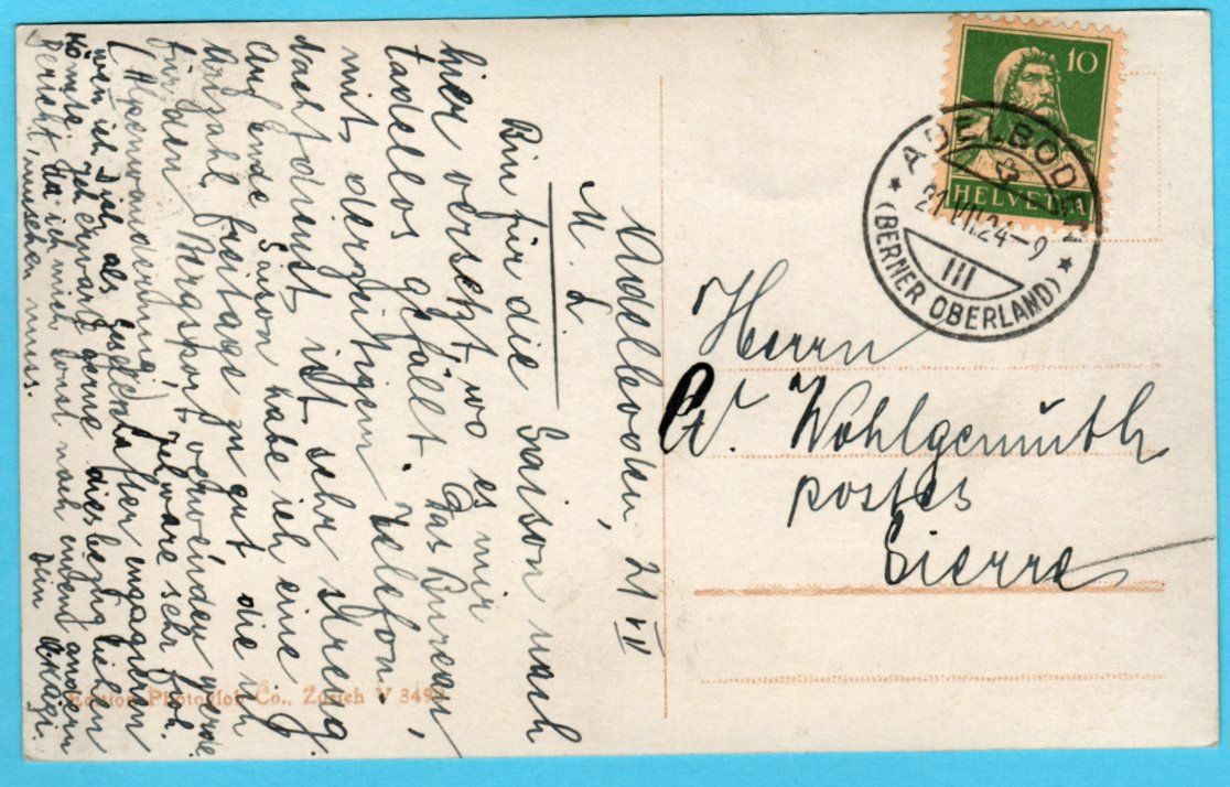Cartoline postali: Adelboden mit Wildstrubel im Sommer 1924 – Usato da Zürich venduto da Sion2006 1