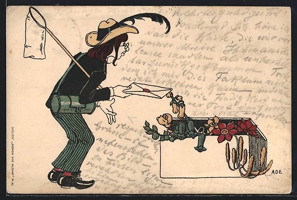 Cartoline postali: Mathilde Ade: Frau mit Kescher und Brief – Usato da Berlin venduto da bartko-reher