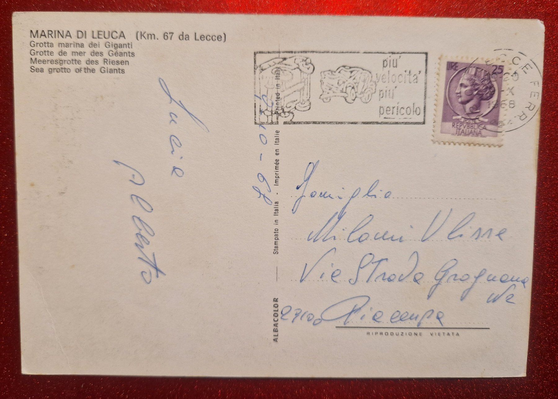 Ansichtskarten: Marina di Leuca, Italia 1968 – Gebraucht aus Melchnau von Arthurius 1