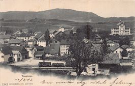 Tavannes, gare avec vagons, circulée 1903