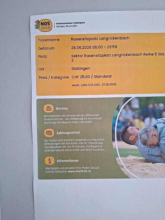 Biglietti: NOS 2026 Schwingfest 2 Rasensitzplätze – Nuovo e nell'imballaggio originale da Glattfelden venduto da Dealer71 1