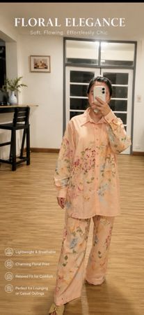 Elegant Linen Blend Floral Blouse & Pants