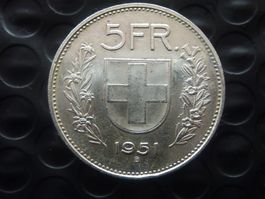 5 Fr. 1951  Vorzüglich + Ungereinigt