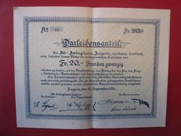 Darlehensanteil Alt-Zwingliana Luzern 20 Franken 1936