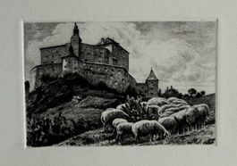 Orig. Radierung - Graubünden, Engadin, Schafe (18 x 25 cm)