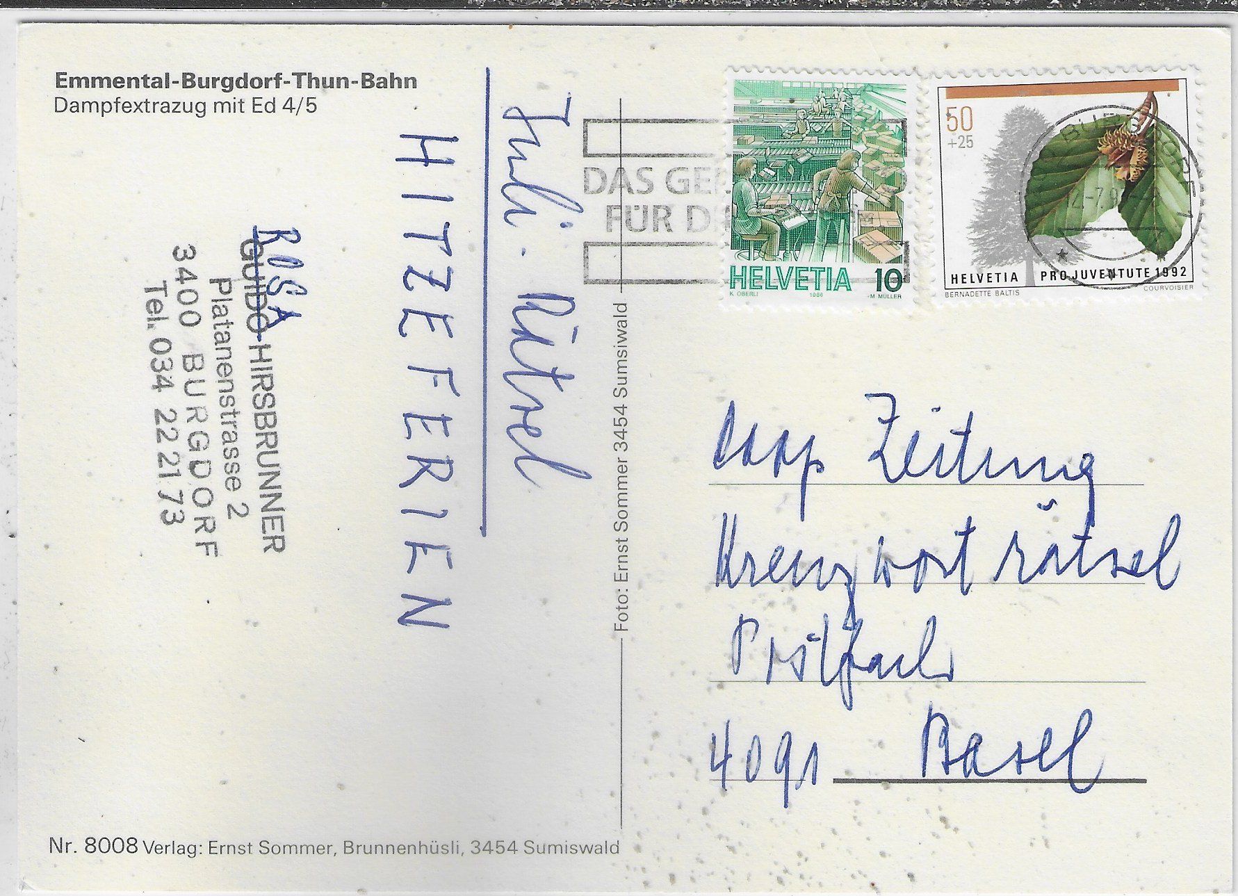 Cartoline postali: Emmental-Burgdorf-Thun-Bahn - Dampfextrazug – Usato da Ettingen venduto da Kartenplanet 1