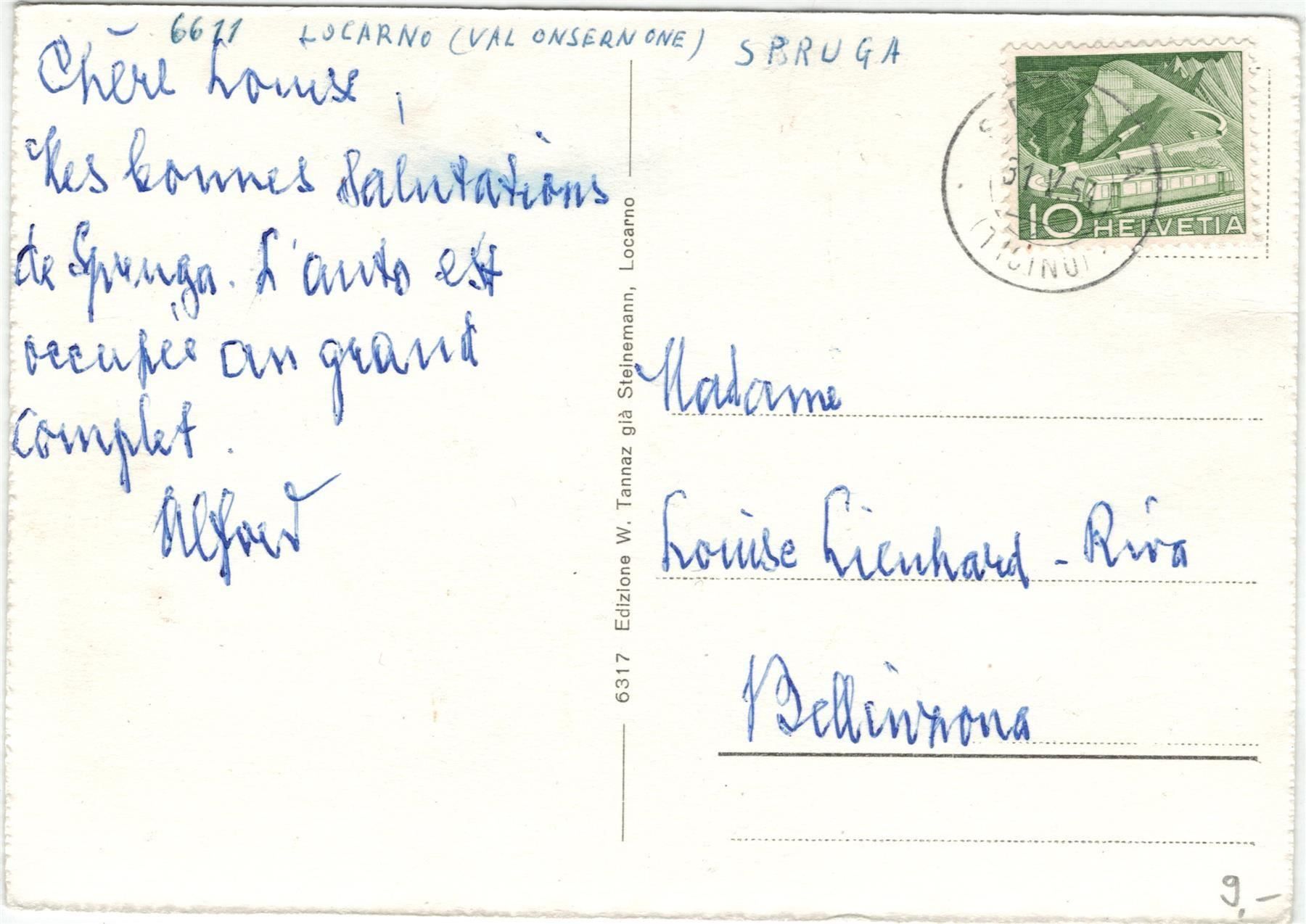 Cartoline postali: TI 77 SPRUGA Val Onsernone 1954 GF – Usato da Fribourg venduto da philafri 1