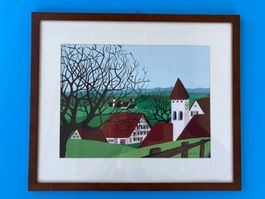 Gemälde Zeichnung  unleserlich signiert  Holzrahmen / Glas