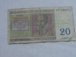Belgische 20-Franken-Note, Jahrgang 1956, Top Zustand