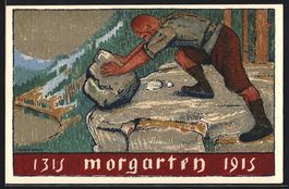 Morgarten, 1315-1915, Mann rollt Gestein