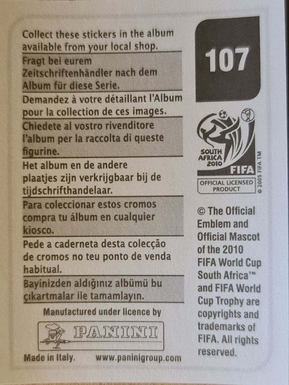 Panini Carte collezionabili: Panini WM 2010 Nr. 107 – Nuovo (secondo la descrizione) da Dintikon venduto da Prime-shop 1