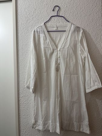 Damen Tunika Kleid weiss Baumwolle V-Ausschnitt Grösse L