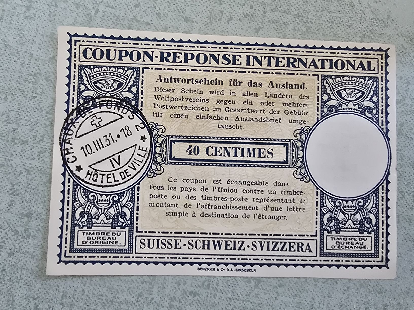 Tutti i francobolli: Coupon-réponse international suisse de 1932 – Nuovo (secondo la descrizione) da Satigny venduto da Baazarbaron