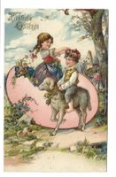 Fröhliche Ostern - Kinder - Schaf - Kranz Präge-Litho - 1908
