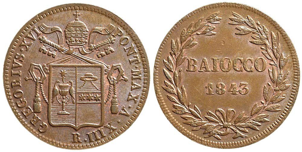 Tutti le monete: Italien, Rom, 1 Baiocco 1843 – Usato da Chiasso venduto da Novamarketing