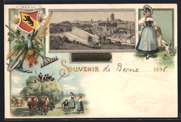Cartoline postali: Litho Berne, Teilansicht, Wappen und Heu – Usato da Berlin venduto da bartko-reher