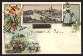 Litho Berne, Teilansicht, Wappen und Heu
