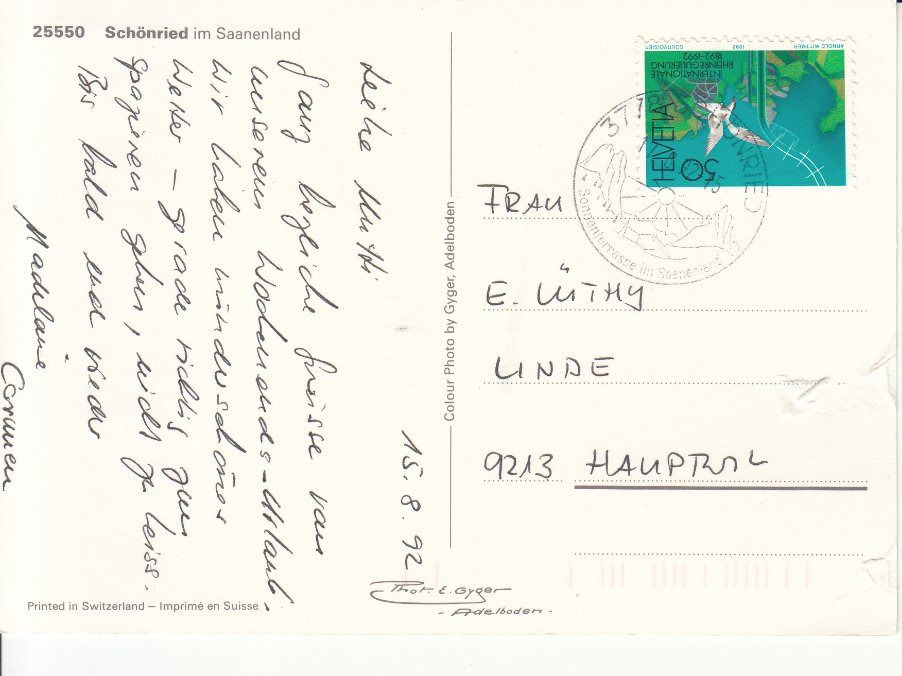 Cartoline postali: Schönried 1992 – Usato da Bürglen TG venduto da StampGraf 1