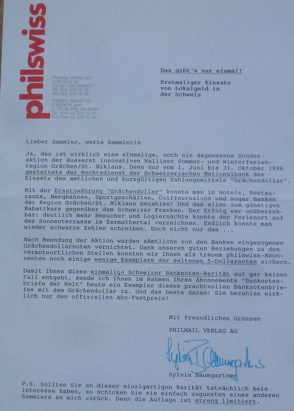 Banconote: Banknotenbrief  Schweiz - Walliser Grächendollar – Usato da Walkringen venduto da Casablanca777 4