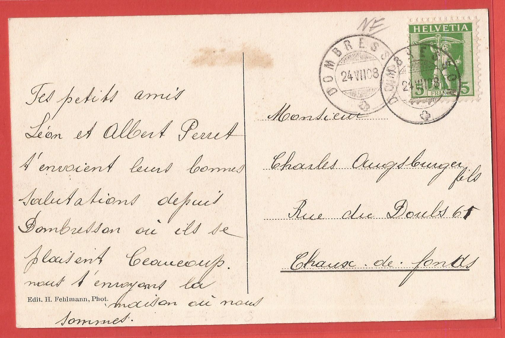 Cartoline postali: Dombresson - Pension Dardel - 1908 – Usato da Fislisbach venduto da Porano 1