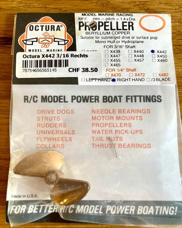 RC Kits de montage: Propeller boat COPPER 42mm OCTURA x442 3/16 links 2blatt – Neuf avec emballage d'origine à Trélex par Arnaudyak