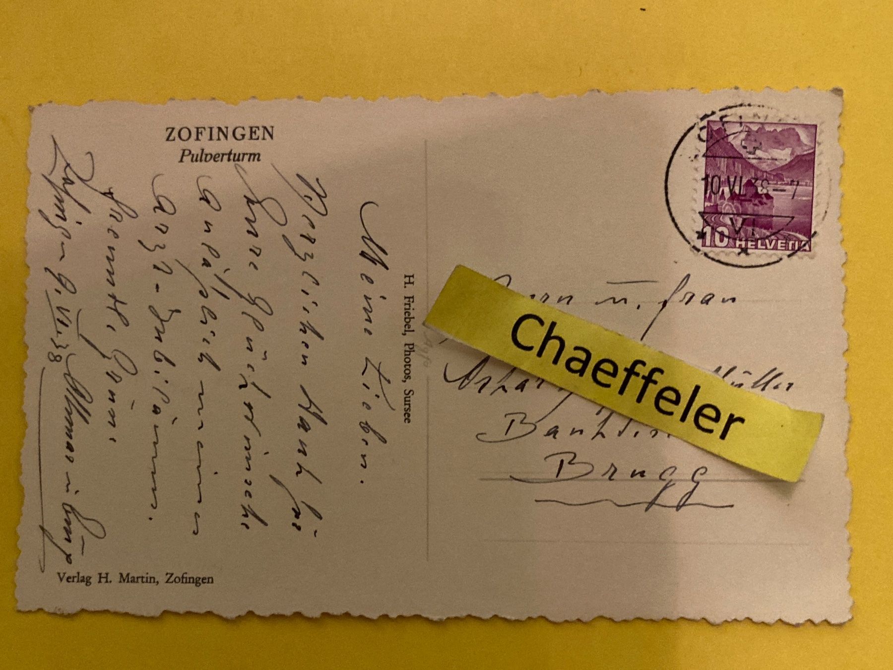 Ansichtskarten: 1938 Zofingen, Pulverturm – Gebraucht aus Zürich von Chaeffeler 1